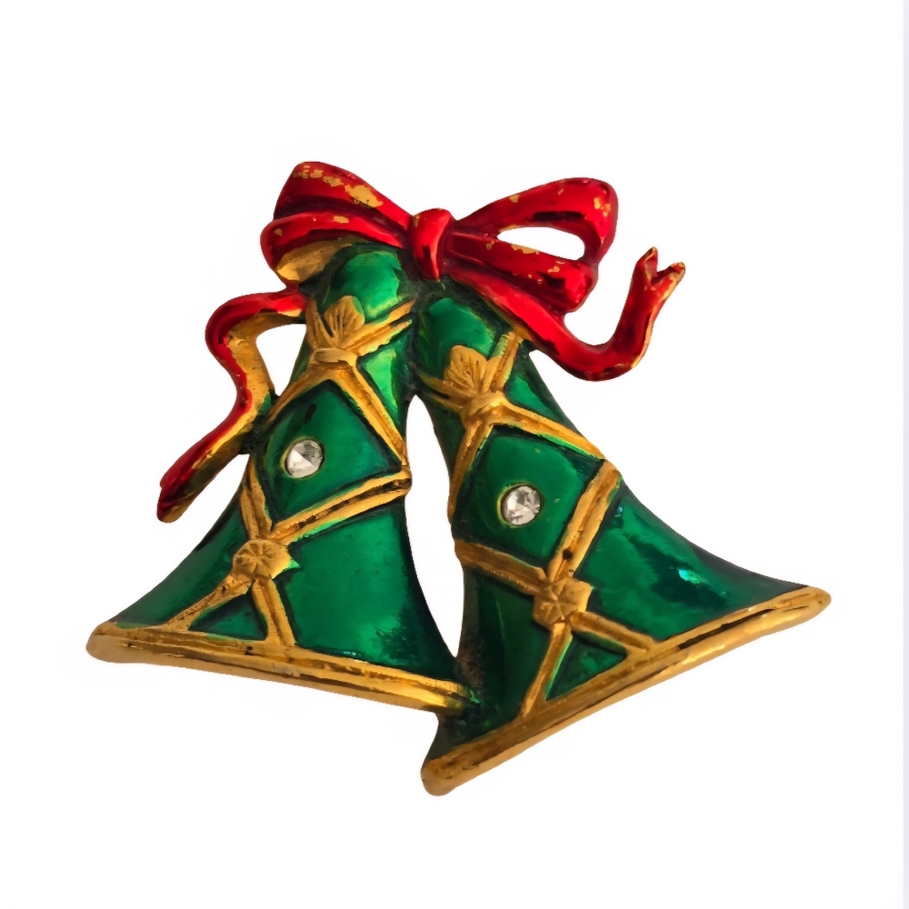 Steinmetz SFJ Brooch Vintage Gold Tone Enamel Crystal Bells Christmas Pin Signed